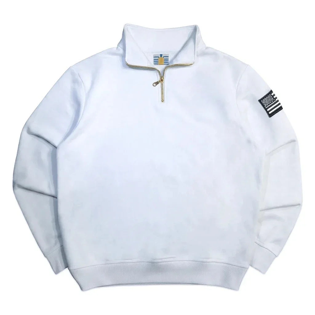 Men’s Y2K American Flag Embroidered Hoodie – Quarter Zip Streetwear Sweatshirt Navy Blue White Patch Sleeve Casual Pullover Sweater