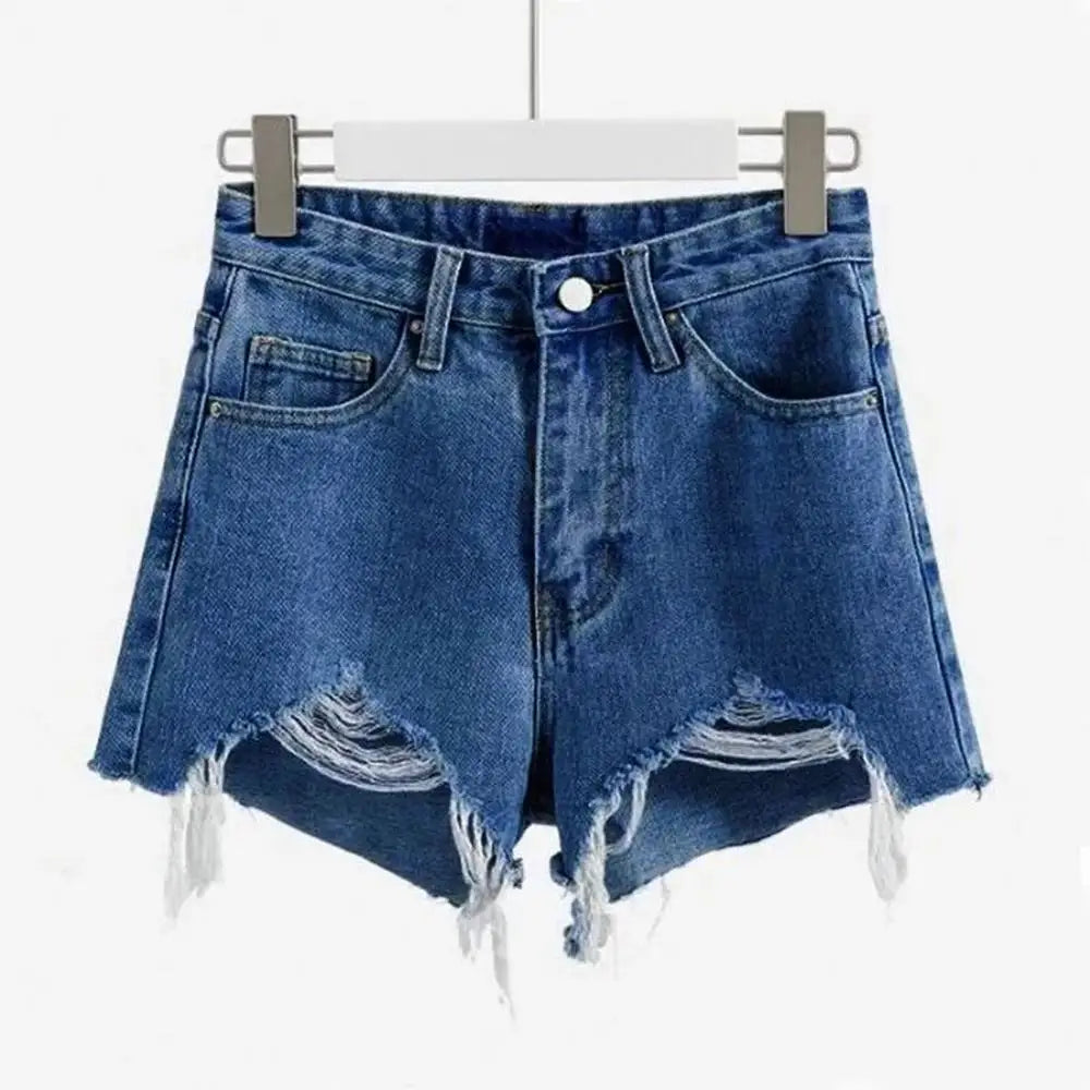 Summer Women’s Korean High Waist Cowboy Denim Shorts — Casual White Jeans with Pockets, Tassels & Ripped Holes Y2K Style
