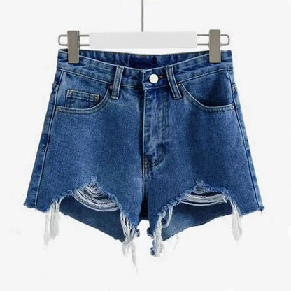 Summer Women’s Korean High Waist Cowboy Denim Shorts — Casual White Jeans with Pockets, Tassels & Ripped Holes Y2K Style