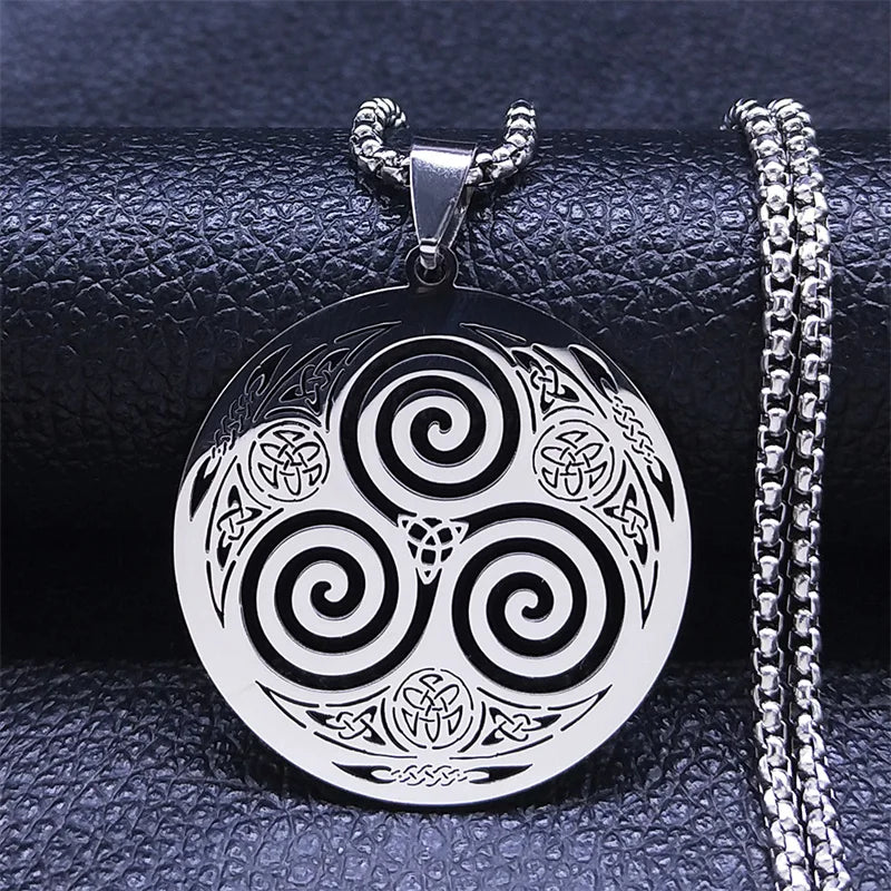 Stainless Steel Witchcraft Vortex Necklace – Viking Triskelion Celtic Knot Spiral, Silver Jewelry N7062S02