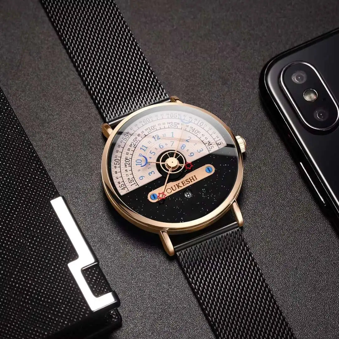 Men’s Fashion Mesh Band Quartz Watch — Business Wristwatch with Calendar Reloj Hombre