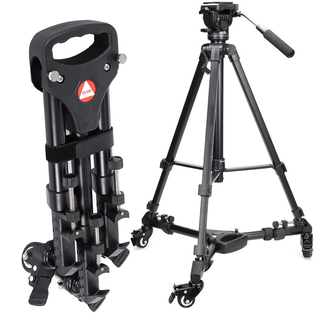 VX-600 Foldable Camera Tripod Dolly – 3 Wheels Stand with Pulley Base, Universal Tripod for Easy Camera Movement