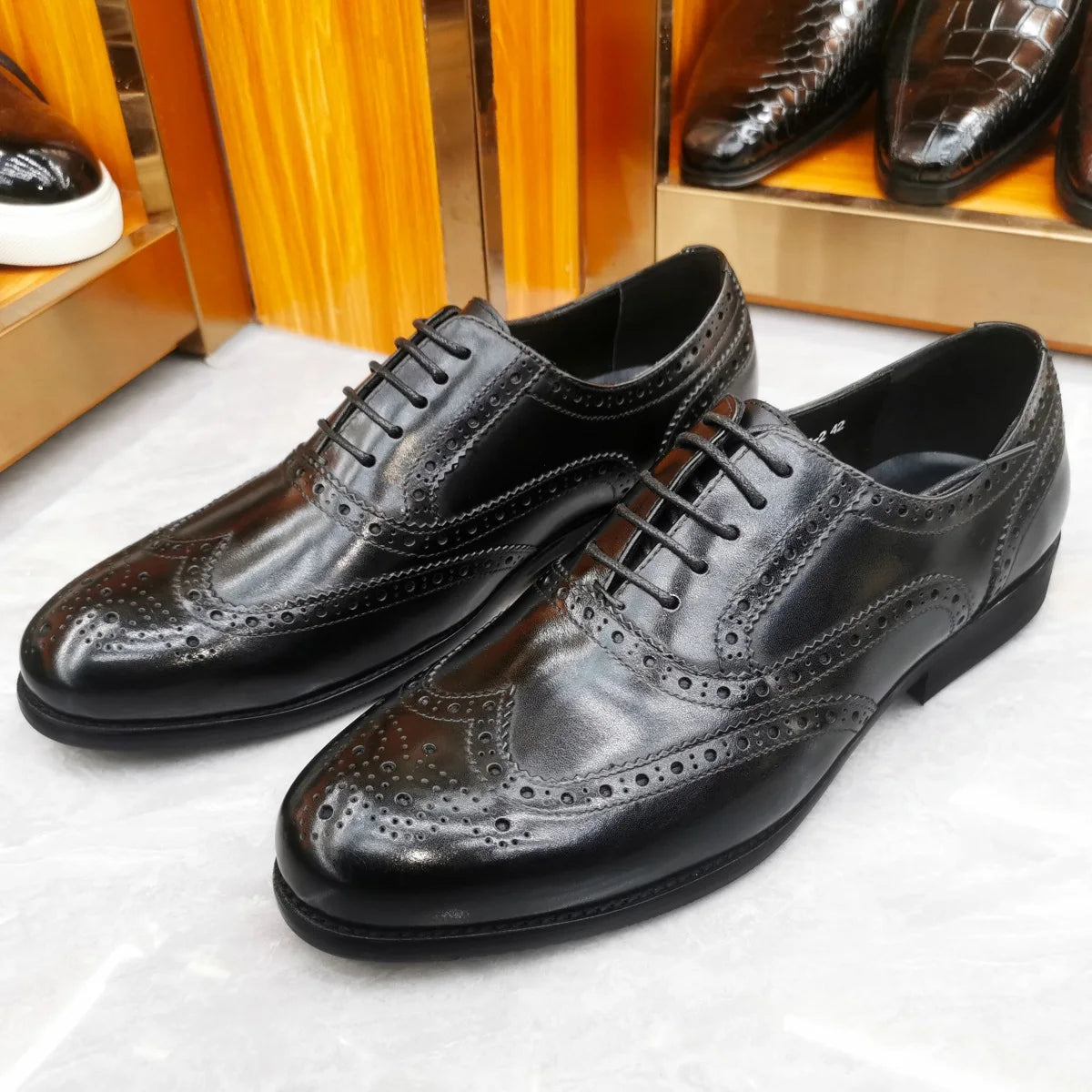 Men’s Genuine Leather Wingtip Oxford Shoes - Luxury Brogue Lace-Up Black and Brown Business Wedding Dress Shoes