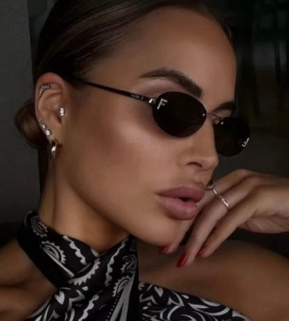 Diamond Letter "F" Rimless Sunglasses | Women’s Luxury Metal Frame Black Oval UV400 Shades