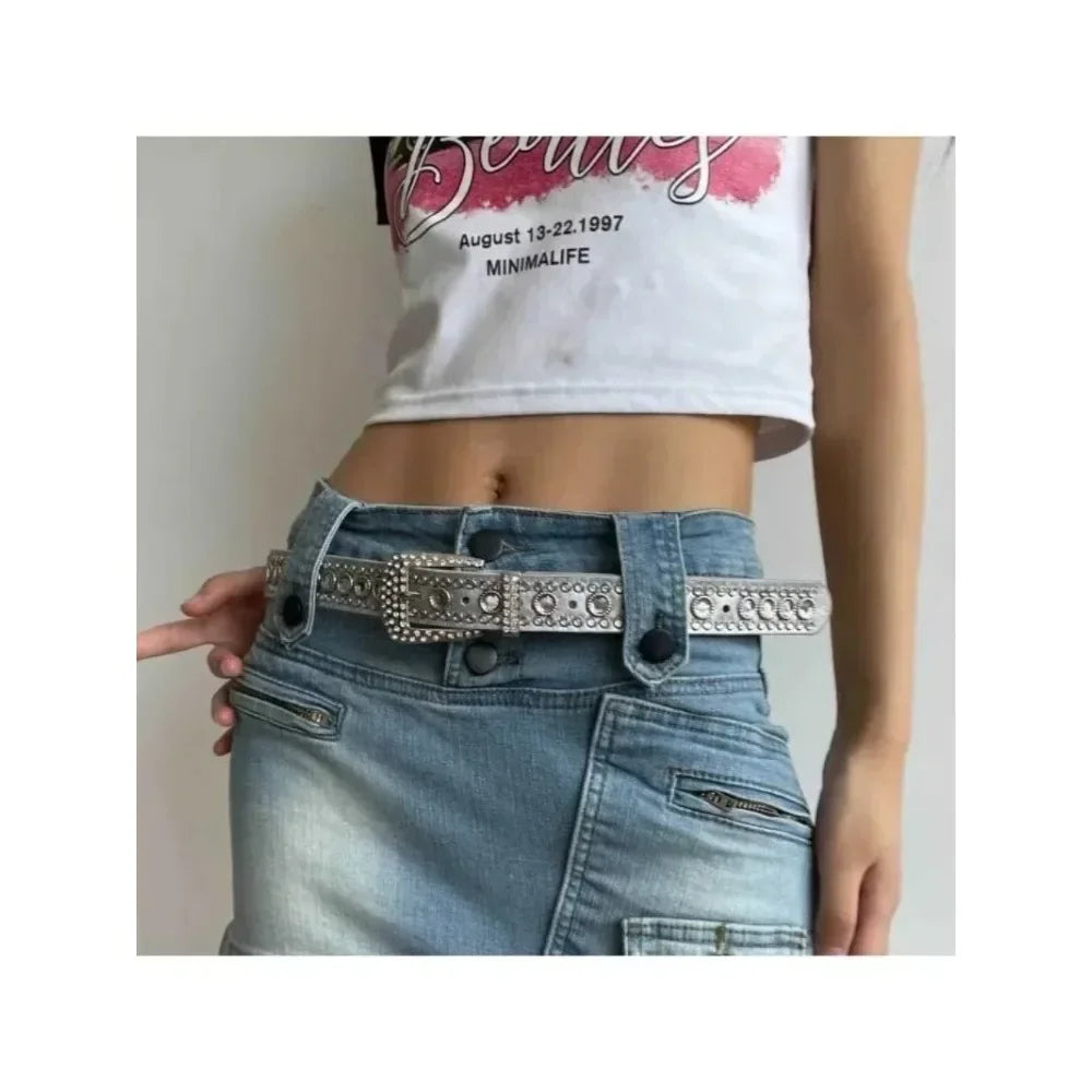 Y2K Women’s PU Leather Rhinestone Belt – Adjustable Glitter Crystal Waistband for Club & Party