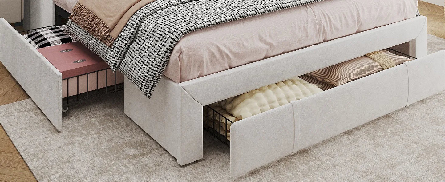 Queen Size Upholstered Platform Bed Frame with LED Lights, 3 Storage Drawers & USB Charging Station – Velvet Finish