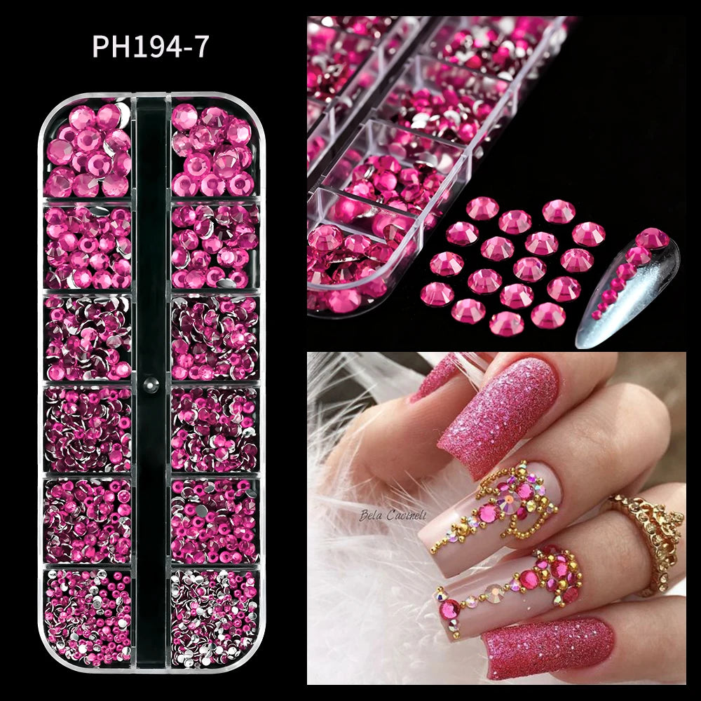 12-Grid Mixed Nail Rhinestones SS6-SS30 – Shiny Flat-Back Gems in Clear, Gold, Pink & Blue for Nail Art Decoration