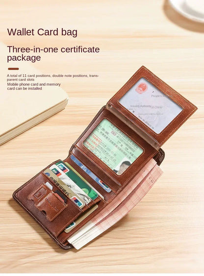 Genuine Leather Men’s Wallet – RFID Blocking Trifold, Vintage Thin ID & Credit Card Holder, Multi-Function Purse
