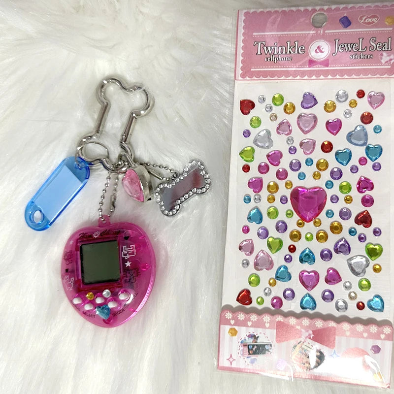 Korean Fashion Rainbow Game Console Keychain — Kawaii Harajuku Y2K Crystal Heart Lock DIY Bag Pendant Charm, Vintage Style