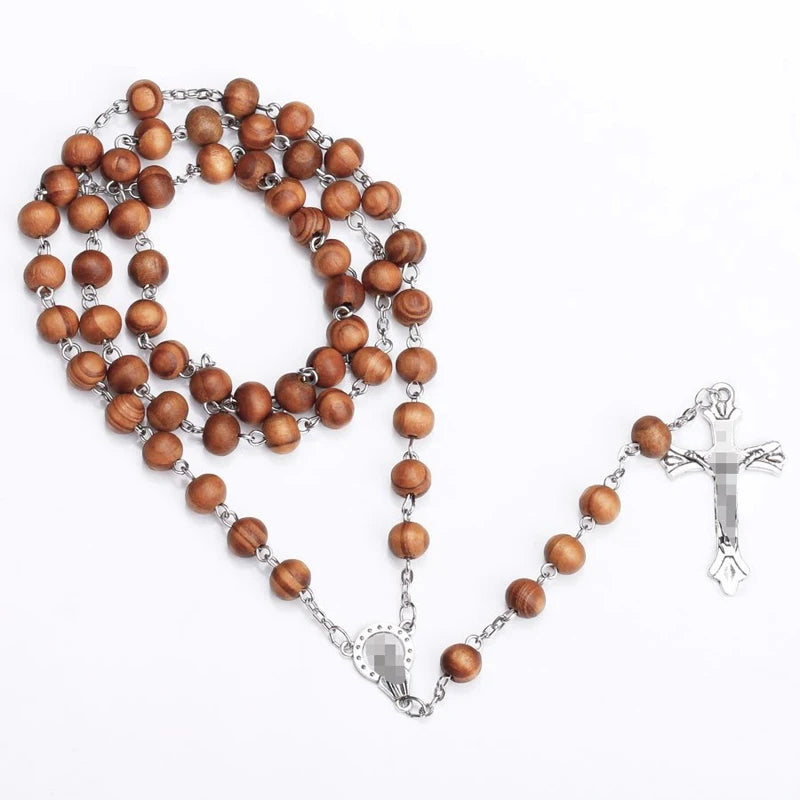 8mm Wood Rosary Beads Necklace – Catholic Jesus Christ Cross Crucifix Pendant Long Chain Religious Jewelry for Men & Women