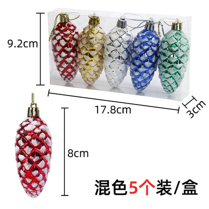 5-Piece Christmas Pine Cone Ball Ornaments 2024/2025 – Painted Hanging Pendants for Tree Decoration & Holiday Home Gift