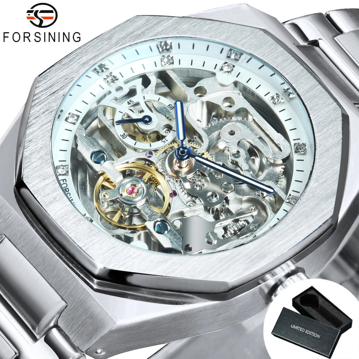 Forsining Men’s Automatic Mechanical Watch – Luminous Hands, Stainless Steel Strap, Luxury Skeleton Fashion Watch