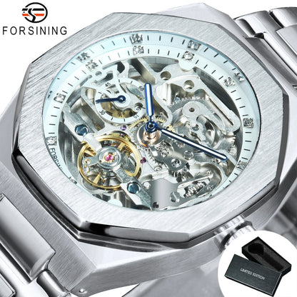 Forsining Men’s Automatic Mechanical Watch – Luminous Hands, Stainless Steel Strap, Luxury Skeleton Fashion Watch