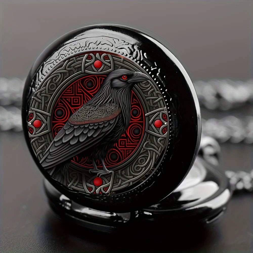 Gothic Black Raven Pocket Watch - Quartz Alloy Pendant Necklace Watch for Men, Women & Kids