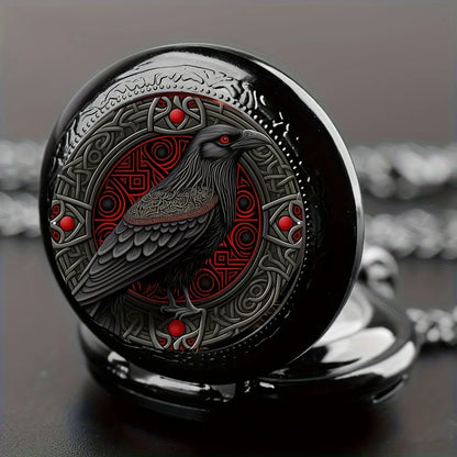 Gothic Black Raven Pocket Watch - Quartz Alloy Pendant Necklace Watch for Men, Women & Kids