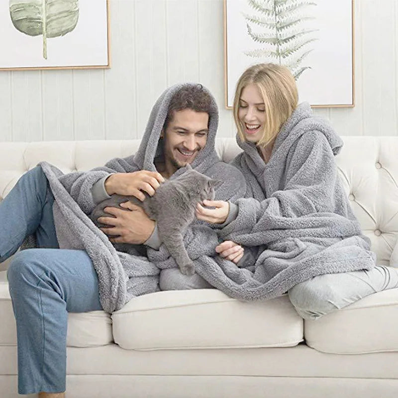 Women’s Winter Hooded Fleece Jacket – Thick, Warm, Solid Color Pullover with Pockets, Elegant Unisex Long Hoodie for Home Wear