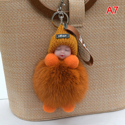 Cute Pompom Sleeping Baby Keychain - Fluffy Plush Doll Bag Charm, Key Ring & Gift for Women and Girls