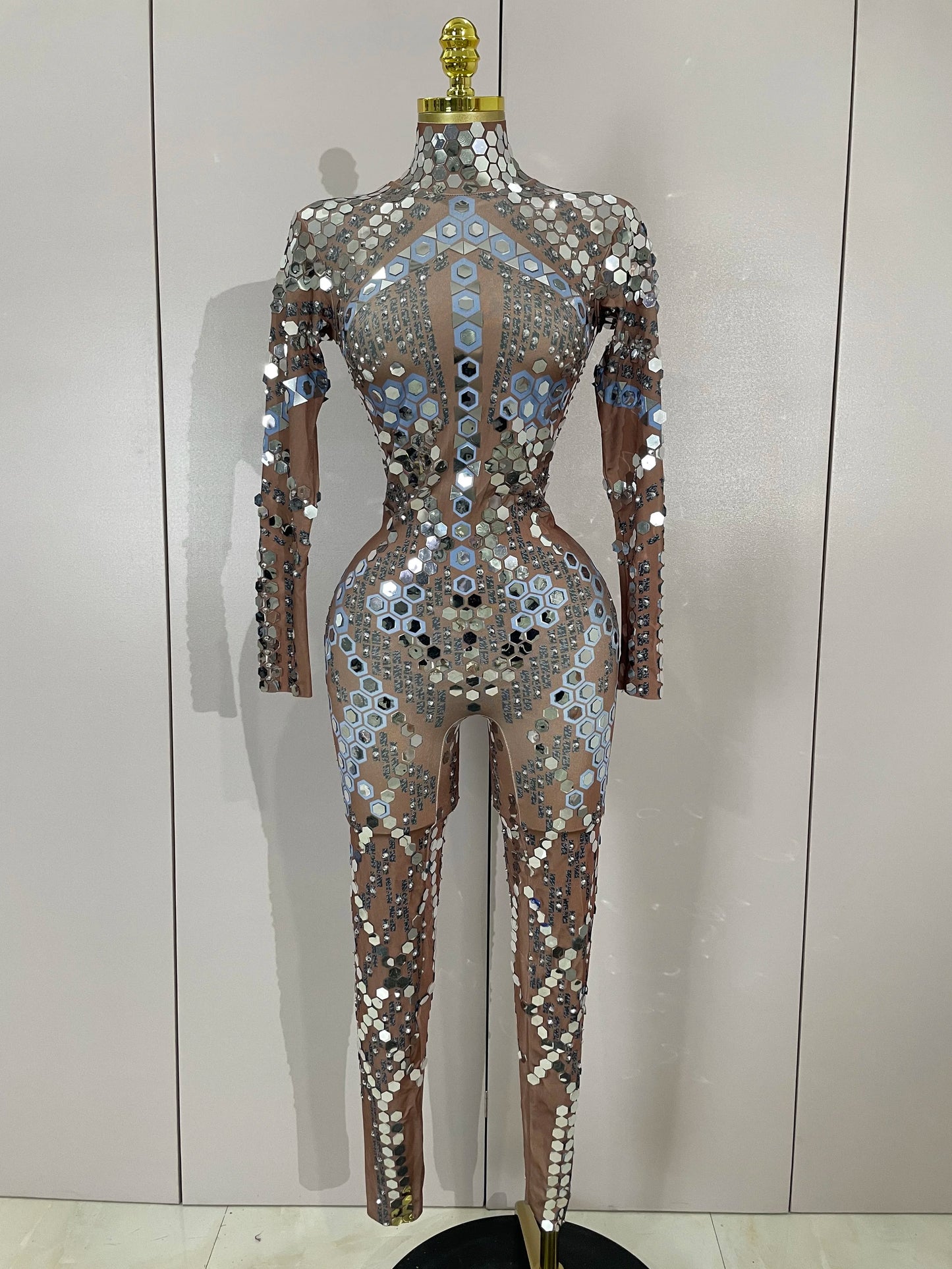 Sexy Shiny Silver Sequin & Black Spandex Jumpsuit — 2025 Women’s Prom, Dancer & Stage Performance Costume