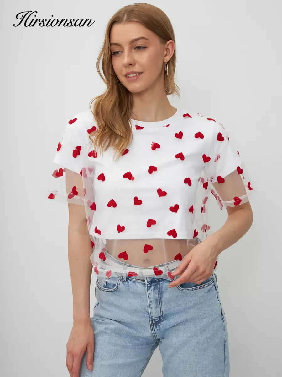 Hirsionsan Heart Mesh Patchwork Vintage T-Shirt – Y2K Aesthetic Streetwear Women’s Casual Cotton Short Sleeve Top