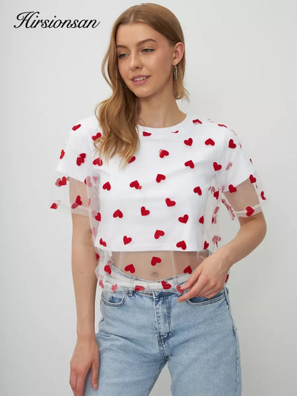 Hirsionsan Heart Mesh Patchwork Vintage T-Shirt – Y2K Aesthetic Streetwear Women’s Casual Cotton Short Sleeve Top