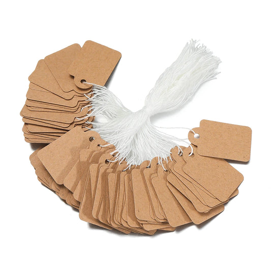 100PCS Price Label Tags — Rectangular Blank Paper Cards with String Tie for Watch & Jewelry Display Merchandise