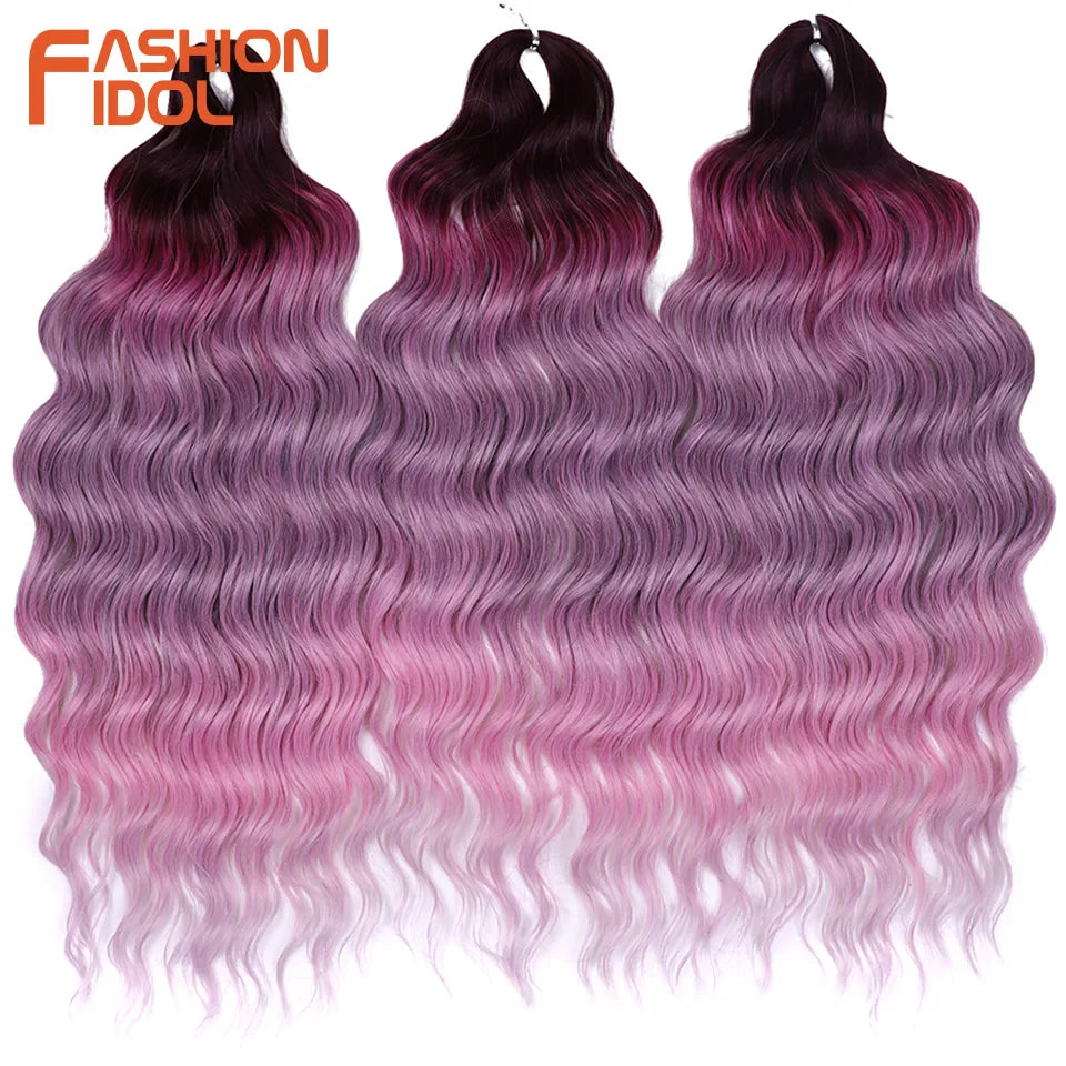 FASHION IDOL 24" Deep Wave Crochet Hair - 3-Piece Synthetic Water Wave Braiding Extensions, Ombre Rainbow Twist Hair