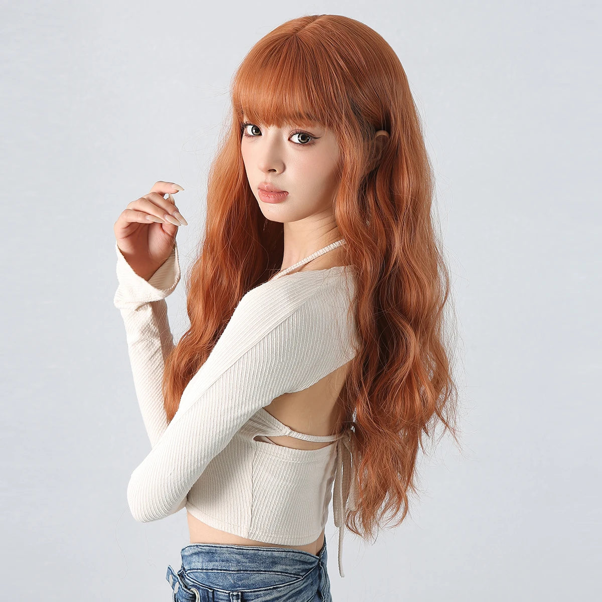 Copper Ginger Red Brown Synthetic Wig – Long Fluffy Wavy Wig with Bangs, Heat-Resistant Cosplay & Daily Wear Hair for Women