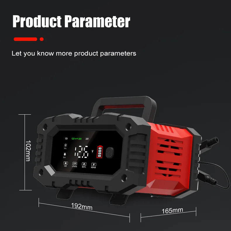 12V/24V Fully Automatic Smart Battery Charger — 7-Segment Pulse Repair for AGM, GEL, WET Lead-Acid Car Batteries