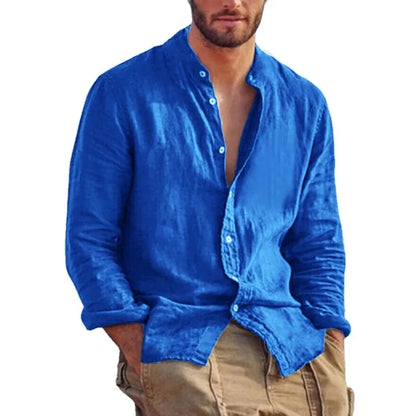 Men's Linen Stand Collar Shirt - Lightweight Breathable Long Sleeve Casual Shirt
