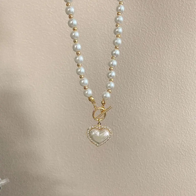 Elegant Pearl Necklace for Women – Heart Pendant Luxury Imitation Pearls Chain, Korean Jewelry Gift for Girls