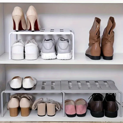 Adjustable Multi-Tier Plastic Shoe Rack — Space-Saving Storage Organizer for Sneakers, Slippers, Home, Dorm, Closet, White or Gray