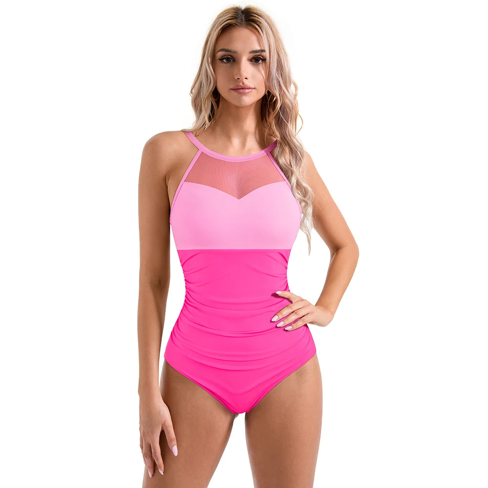 Plus Size One Piece Swimsuit - XL Mesh Hollow Out Push Up Padded Women's Summer Bathing Suit