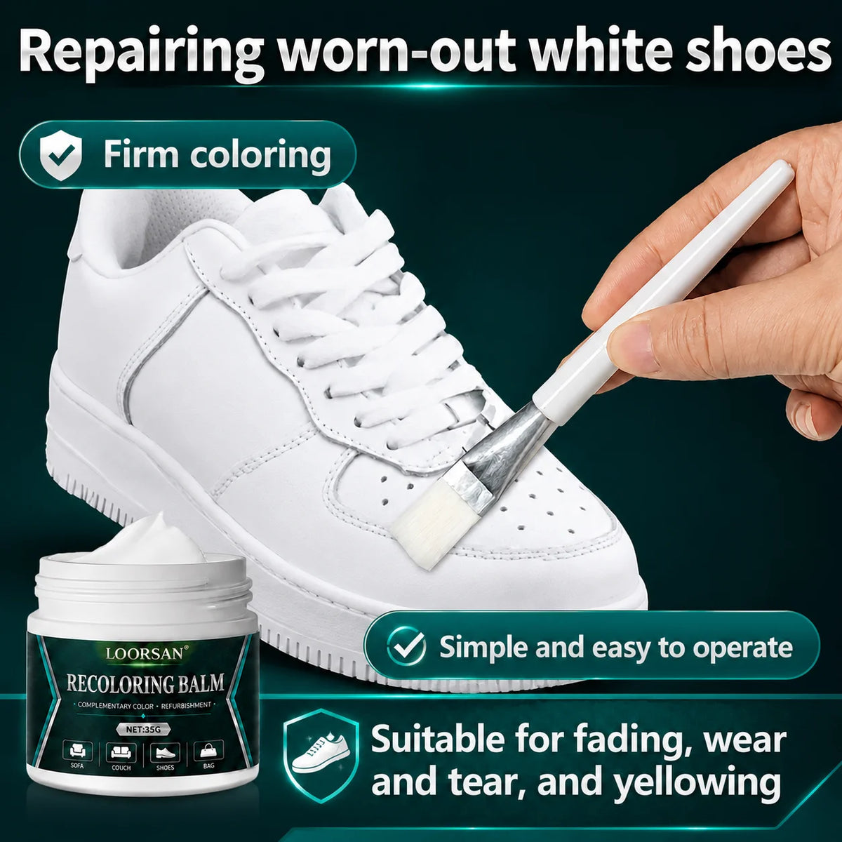 White Leather Shoe Recoloring Paste 35g - Sneaker Edge Touch-Up Balm with Brush for Stains, Scratches, and Oxidation Marks