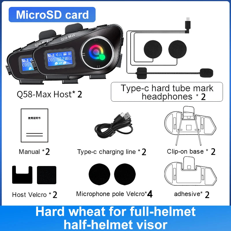 Q58 Max Motorcycle Helmet Intercom Headset – Waterproof 300M Bluetooth Wireless Intercom for 2 Riders with Music Sharing & Flashlight