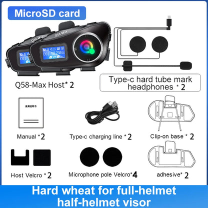 Q58 Max Motorcycle Helmet Intercom Headset – Waterproof 300M Bluetooth Wireless Intercom for 2 Riders with Music Sharing & Flashlight