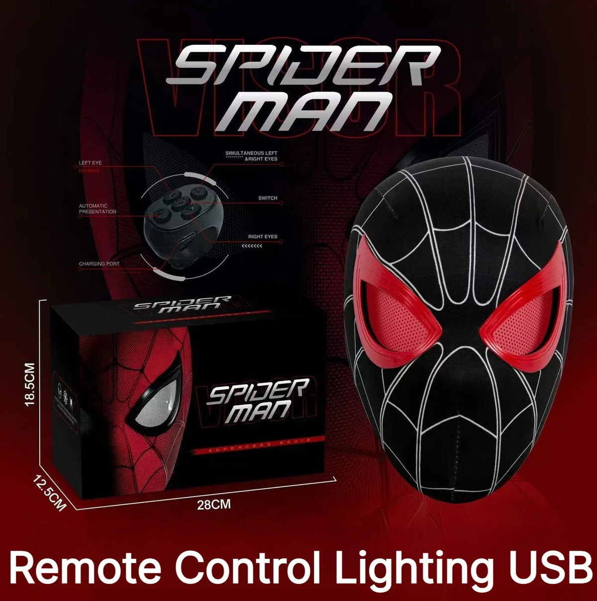 Miles Spider-Man 1:1 Electronic Mask - Moving Glowing Eyes with Ring Control for Cosplay & Collectors