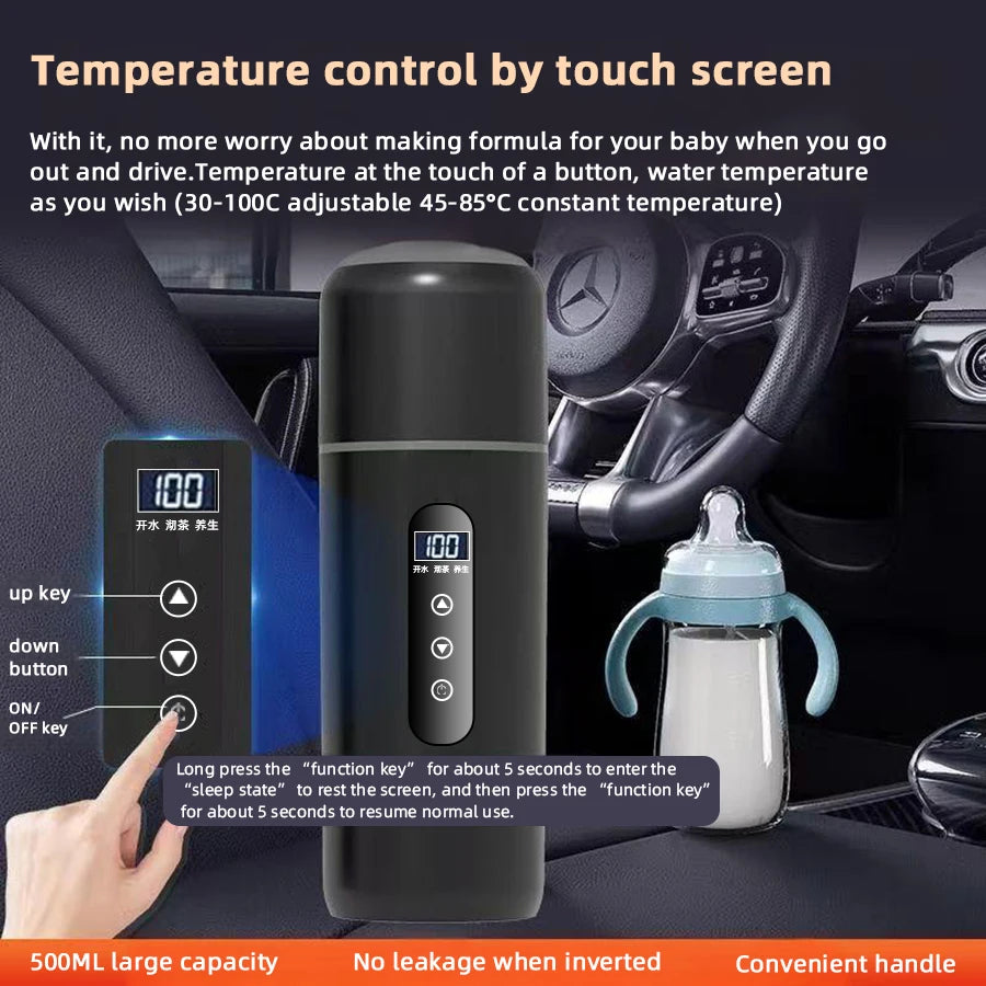 12V/24V Portable Car Electric Kettle 500ml – Smart Touch Screen Travel Heating Cup with Adjustable Temperature Thermal Mug