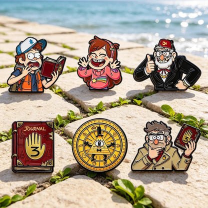 6-Piece Gravity Falls Enamel Pin Set - Cartoon Character and Bill Cipher Brooches for Backpacks, Clothing, Journals, and Collectors’ Gifts