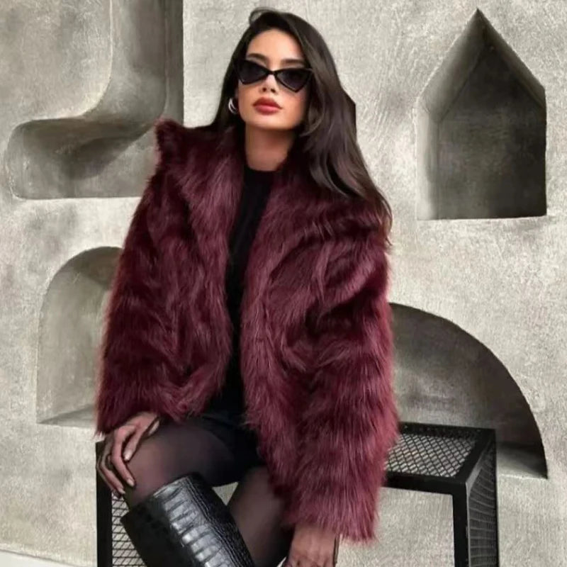 HXAO Women's Fur Coat – 2024 Plush Burgundy Bomber Jacket, Solid Crop Long Sleeve Warm Winter Casual Coat