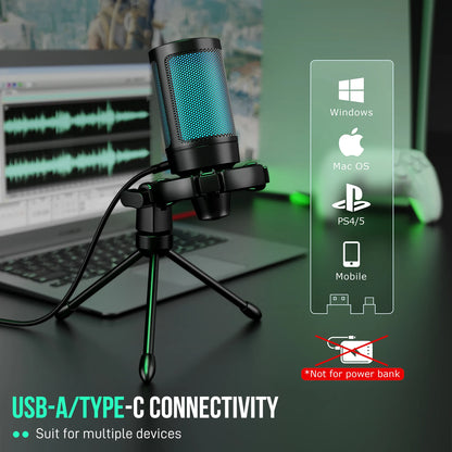FIFINE AmpliGame RGB Gaming Microphone - USB Condenser Mic with Touch Mute & Tripod for PC, PS4/PS5, Laptop Streaming