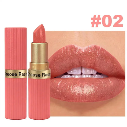 Pearlescent Pink Glitter Lipstick - Waterproof Long-Lasting Matte Metallic Shimmer Makeup