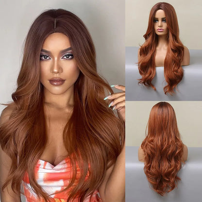 Long Pink Wavy Wig for Women — Middle Part Synthetic Hair, Heat-Resistant, Natural-Looking Cosplay Wig