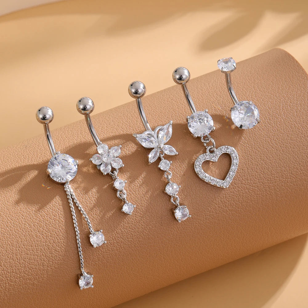 5PCS Belly Button Ring Set – 14G Curved Navel Piercing with Butterfly & Heart Charms, Body Jewelry for Women & Girls