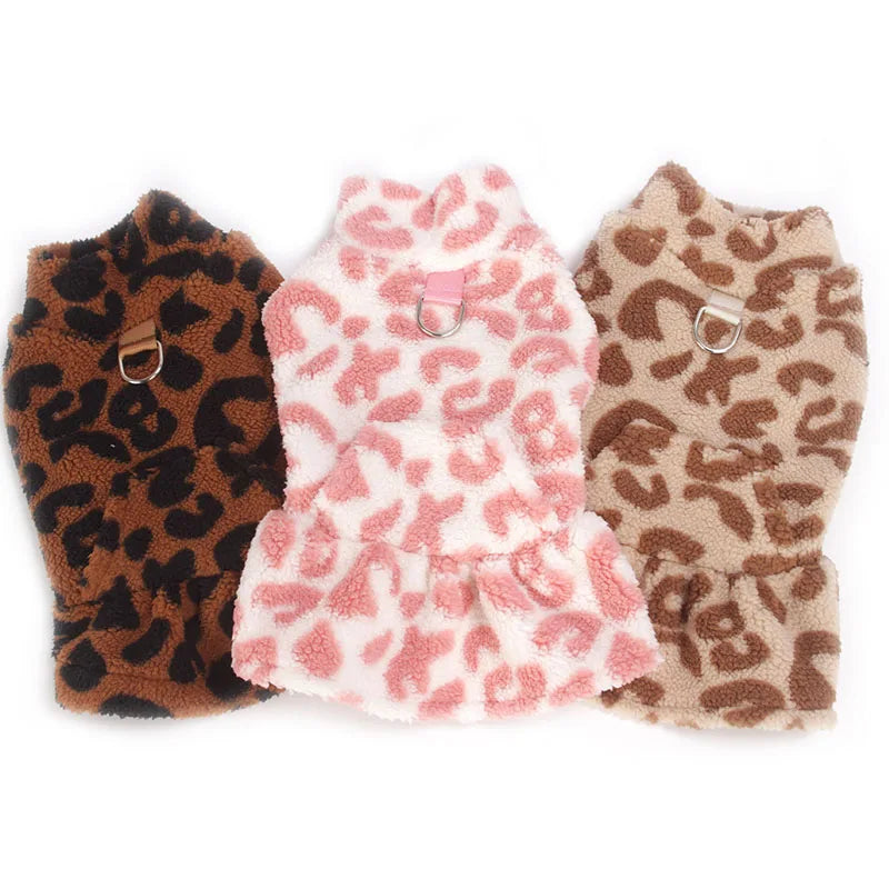 Leopard Print Dog Dress Coat – Winter Fleece Pullover Hoodie & Sleeveless Vest for Small Dogs, Chihuahua Puppy Skirt