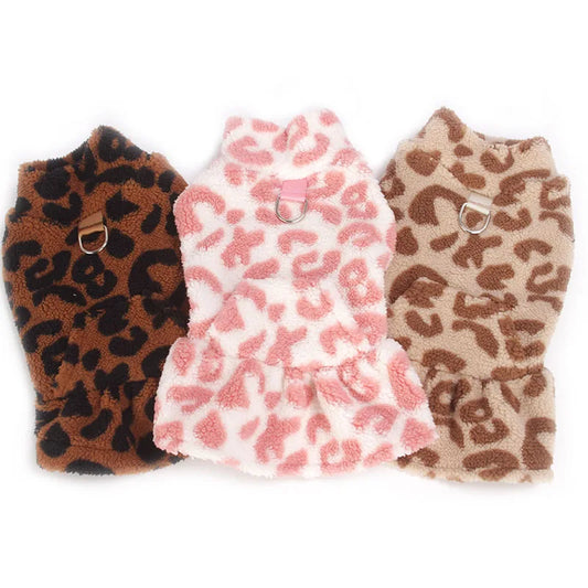 Leopard Print Dog Dress Coat – Winter Fleece Pullover Hoodie & Sleeveless Vest for Small Dogs, Chihuahua Puppy Skirt