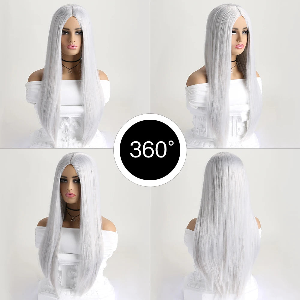 26-Inch Long Straight Wig with Mid Bangs – Black Ombre Heat-Resistant Wig for Women, Daily Wear, Cosplay & Halloween