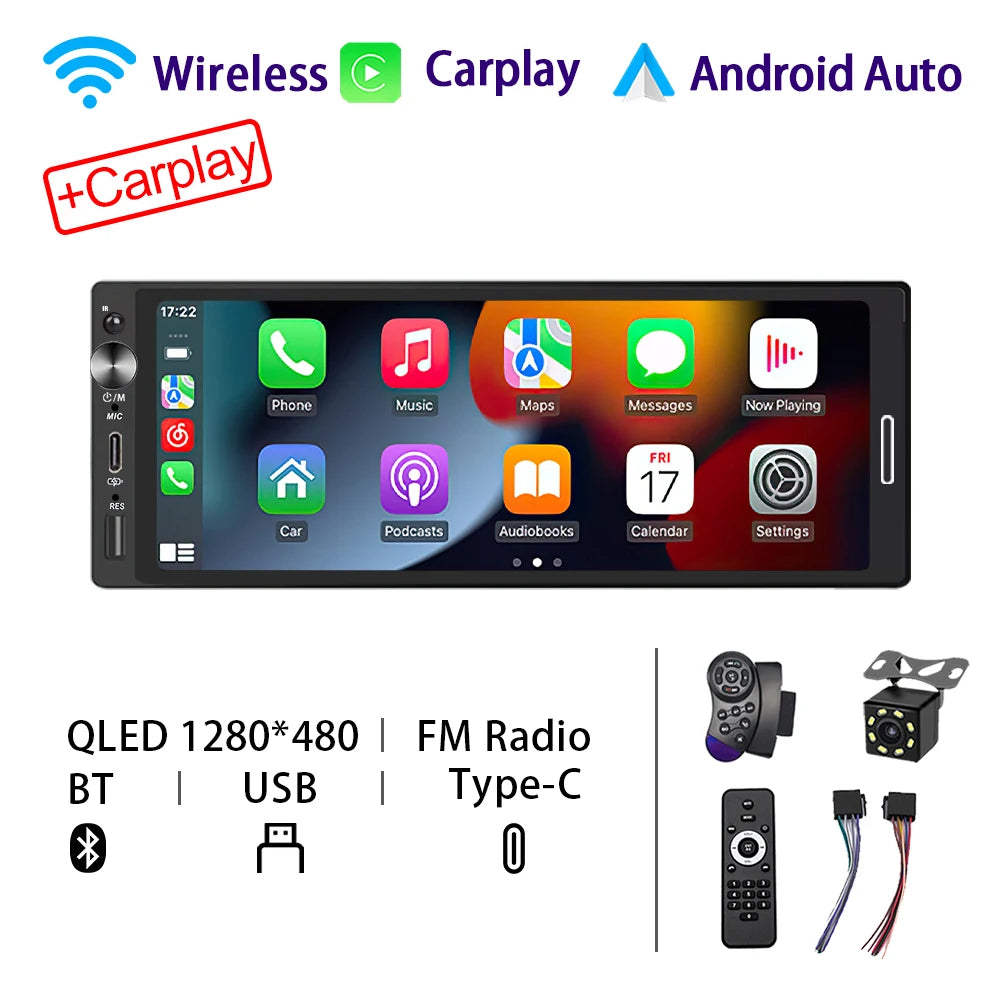 Universal 1DIN 6.9" Wireless CarPlay Android Auto – MP5 Multimedia Car Radio Stereo with TYPE-C Fast Charging