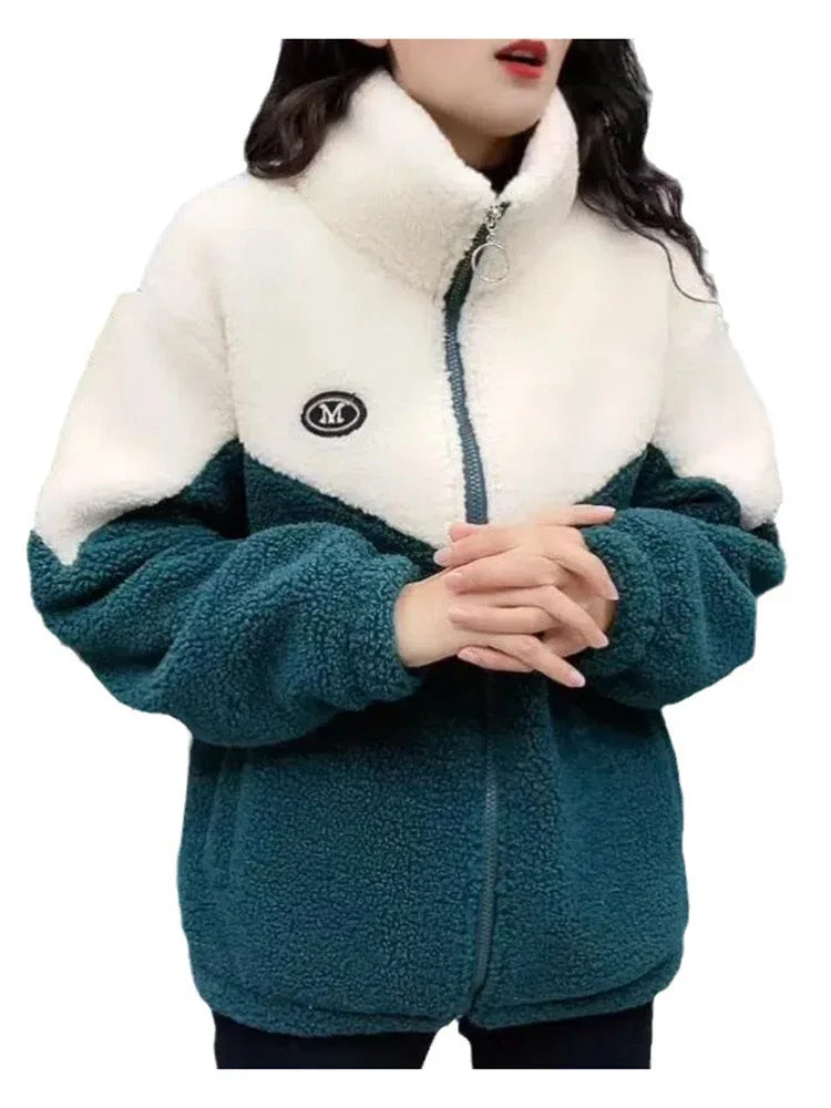 Women’s Colored Thickened Lamb Fleece Jacket — Long Sleeve Mid-Length Quilted Overcoat for Autumn & Winter