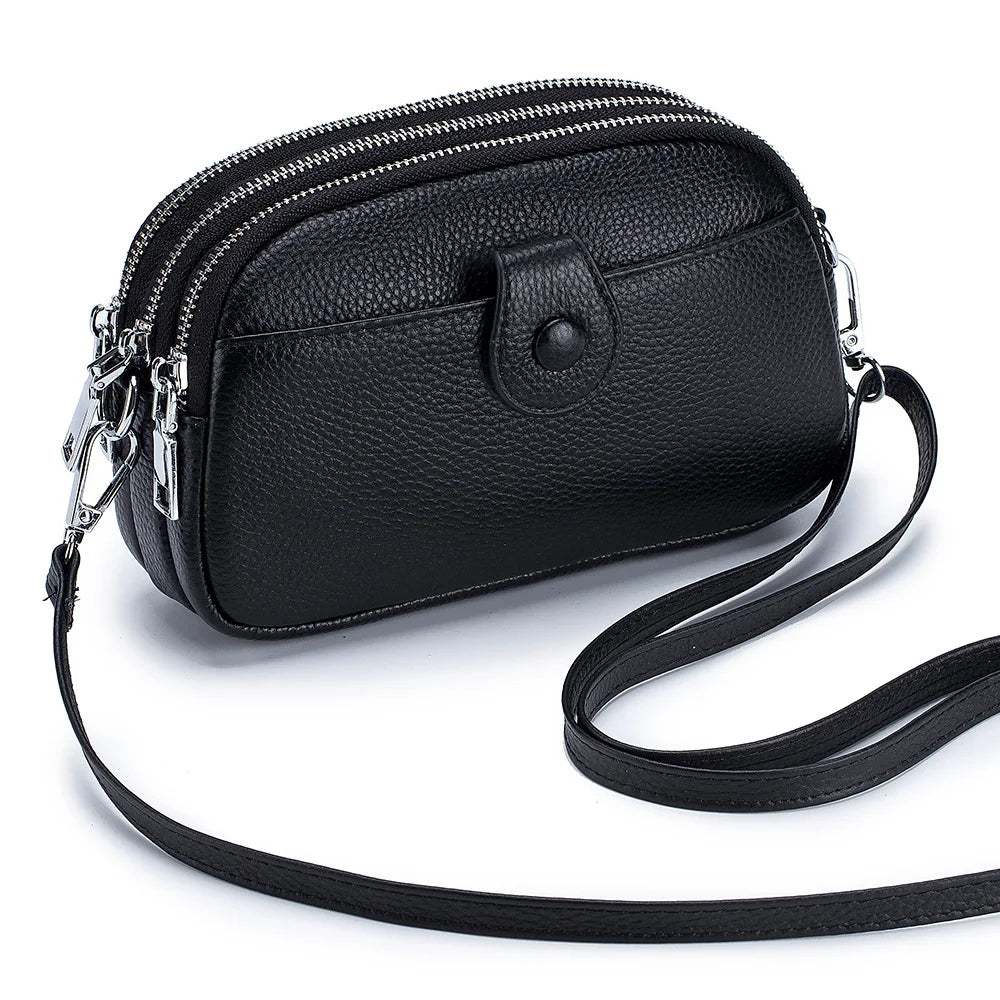 Real Leather Women’s Shoulder Bag - Mini Crossbody Purse with Three Zipper Pockets