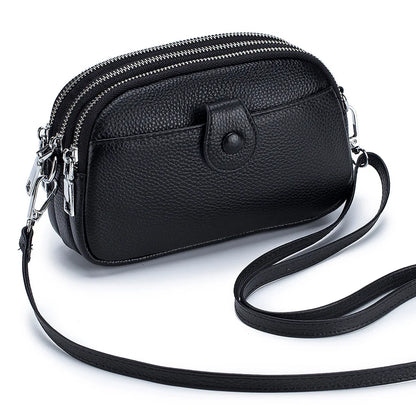 Real Leather Women’s Shoulder Bag - Mini Crossbody Purse with Three Zipper Pockets